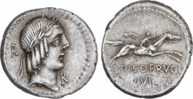 Denario. 90-89 a.C. CALPURNIA. L. Calpurnius Piso Frugi. Anv.: Cabeza laureada de Apolo a derecha, detrás letra R, delante letra R. Rev.: Jinete galop...