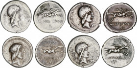 Lote 4 monedas Denario. 90-89 a.C. CALPURNIA. L. Calpurnius Piso Frugi. AR. Todas tipo cabeza y jinete a derecha. En anverso: Número XII y saltamontes...