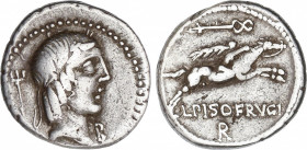 Denario. 90-89 a.C. CALPURNIA. L. Calpurnius Piso Frugi. Anv.: Cabeza laureada de Apolo a derecha, detrás tridente, delante letra B. Rev.: Jinete galo...