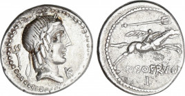 Denario. 90-89 a.C. CALPURNIA. L. Calpurnius Piso Frugi. Anv.: Cabeza laureada de Apolo a derecha, detrás tridente, delante letra K. Rev.: Jinete galo...