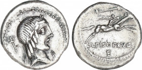 Denario. 90-89 a.C. CALPURNIA. L. Calpurnius Piso Frugi. Anv.: Cabeza laureada de Apolo a derecha, detrás tridente, delante letra S. Rev.: Jinete galo...