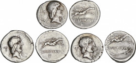 Lote 3 monedas Denario. 90-89 a.C. CALPURNIA. L. Calpurnius Piso Frugi. AR. Todas tipo cabeza y jinete a derecha. En anverso dos con letra delante y d...
