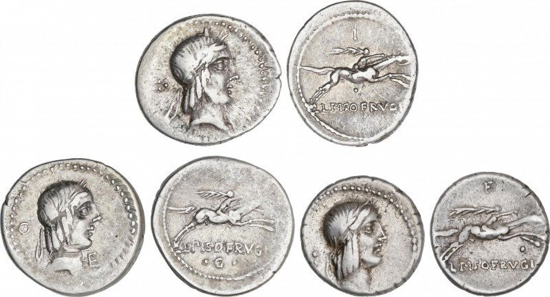 Lote 3 monedas Denario. 90-89 a.C. CALPURNIA. L. Calpurnius Piso Frugi. AR. Toda...