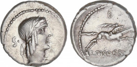 Denario. 90-89 a.C. CALPURNIA. L. Calpurnius Piso Frugi. Anv.: Cabeza laureada de Apolo a derecha, detrás letra S con punto a derecha. Rev.: Jinete ga...