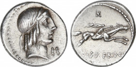 Denario. 90-89 a.C. CALPURNIA. L. Calpurnius Piso Frugi. Anv.: Cabeza laureada de Apolo a derecha, delante letra H. Rev.: Jinete galopando a derecha, ...