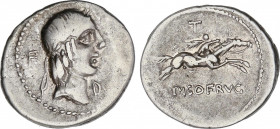 Denario. 90-89 a.C. CALPURNIA. L. Calpurnius Piso Frugi. Anv.: Cabeza laureada de Apolo a derecha, detrás letra F, delante letra D. Rev.: Jinete galop...