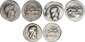 Lote 3 monedas denario. 90-89 a.C. CALPURNIA. L. Calpurnius Piso Frugi. AR. Todas tipo cabeza laureada a derecha. En anverso símbolo y signo fracciona...