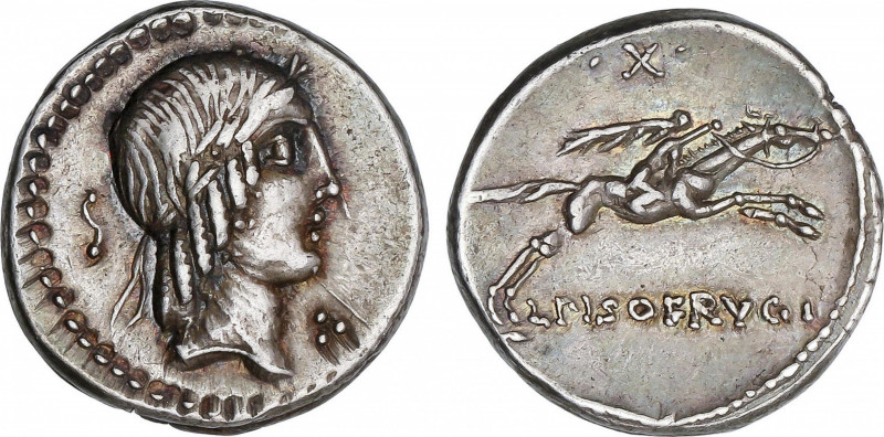 Denario. 90-89 a.C. CALPURNIA. L. Calpurnius Piso Frugi. Anv.: Cabeza laureada d...