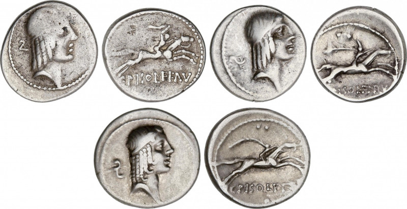Lote 3 monedas denario. 64 a.C. CALPURNIA. C. Calpurnius Piso Frugi. AR. Todos t...