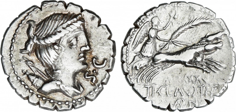 Denario. 79 a.C. CLAUDIA. Ti. Claudius Nero. Anv.: Busto diademado de Diana a de...