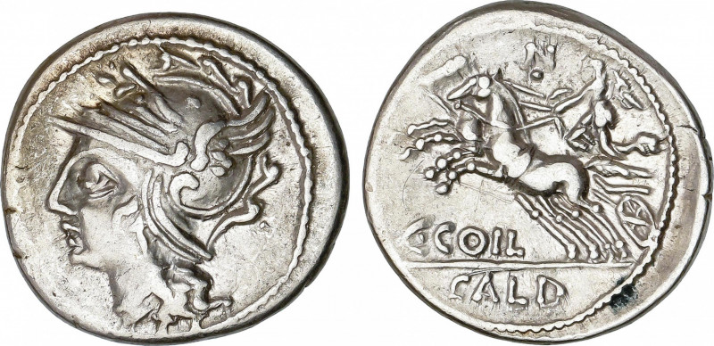 Denario. 104 a.C. COELIA o COILIA. C. Coelius Caldus. Anv.: Cabeza de Roma a izq...