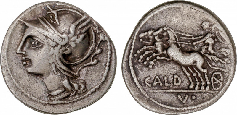 Denario. 104 a.C. COELIA o COILIA. C. Coelius Caldus. Anv.: Cabeza de Roma a izq...