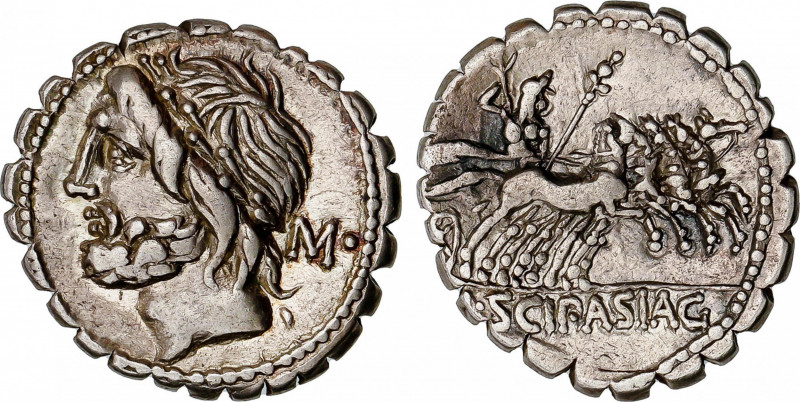 Denario. 106 a.C. CORNELIA. L. Cornelius Scipio Asiagenus. Anv.: Cabeza laureada...
