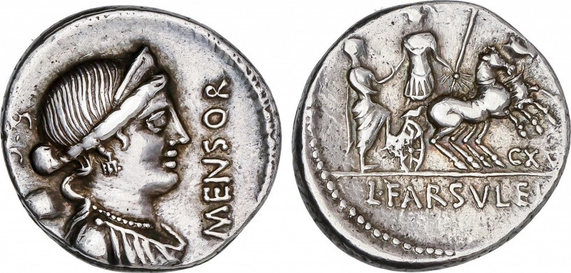 Denario. 75 a.C. FARSULEIA. L. Farsuleius Mensor. ESCASA. Anv.: Busto diademado ...