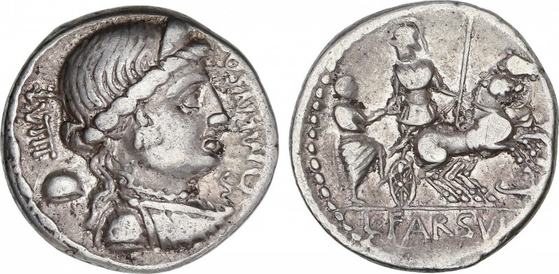 Denario. 75 a.C. FARSULEIA. L. Farsuleius Mensor. Anv.: Busto diademado de la li...