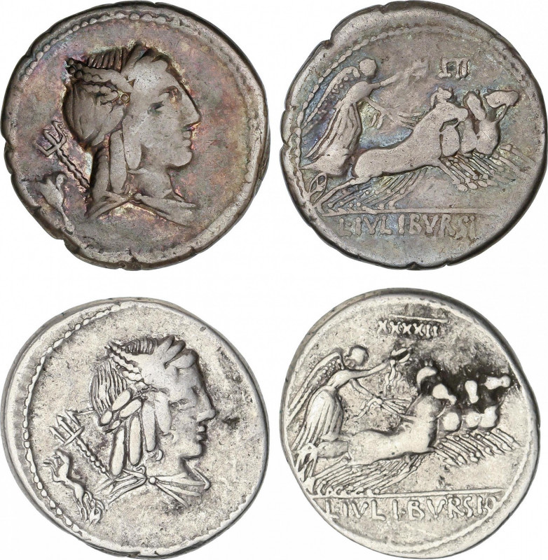 Lote 2 monedas Denario. 85 a.C. JULIA. L. Julius Bursio. AR. Todas con anverso c...