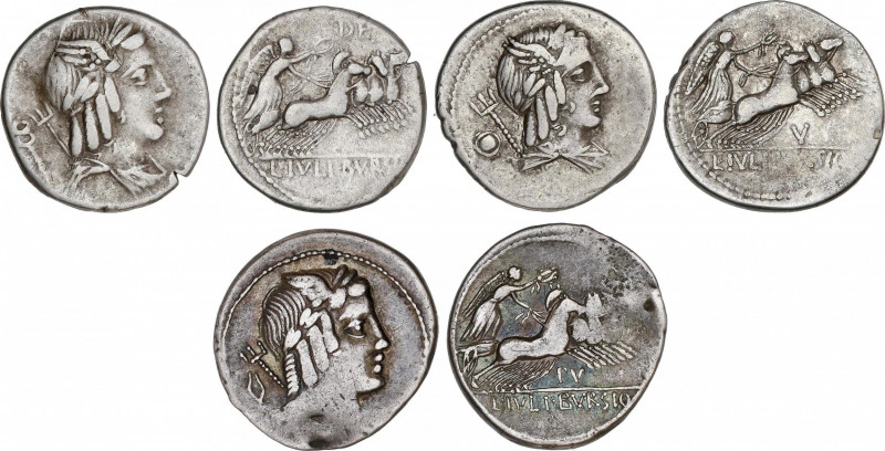 Lote 3 monedas Denario. 85 a.C. JULIA. L. Julius Bursio. AR. Anverso: Cabeza de ...