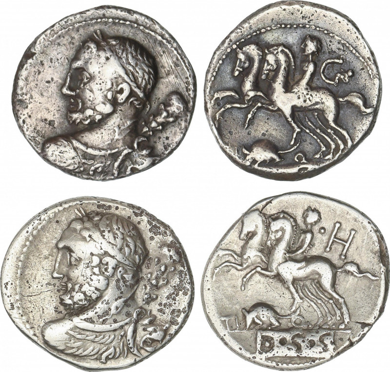 Lote 2 monedas Denario. 112-111 a.C. QUINCTIA. Ti. Quinctius. ESCASAS. AR. En re...