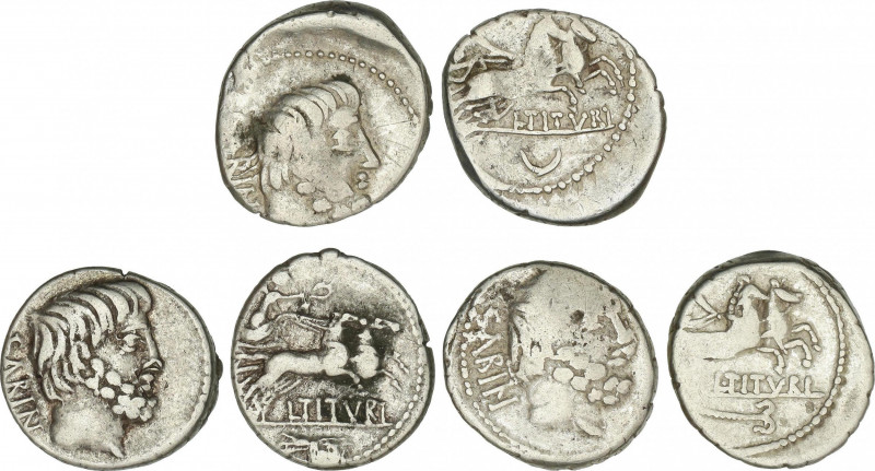 Lote 3 monedas Denario. 89 a.C. TITURIA. L. Titurius L.f. Sabinus. AR. Todas con...