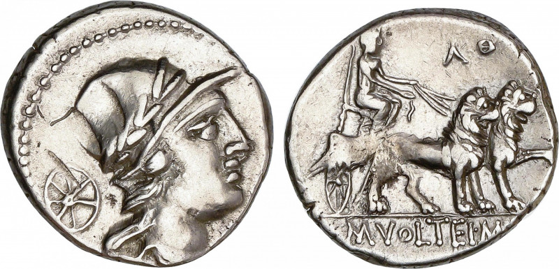 Denario. 78 a.C. VOLTEIA. M. Volteius M.f. Anv.: Busto con yelmo laureado de Att...