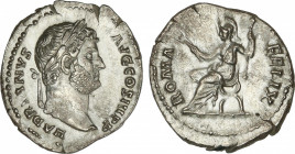 Denario. Acuñada el 134-138 d.C. ADRIANO. BONITA PIEZA. Anv.: HADRIANVS AVG. COS. III P. P. Busto laureado a derecha. Rev.: ROMA FELIX. Roma sentada a...