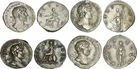 Lote 4 monedas Denario. Acuñadas el 117-138 d.C. ADRIANO. AR. A EXAMINAR. C-1103, 1149, 1153c, 1157. MBC+ a EBC-.