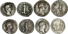 Lote 4 monedas Denario. Acuñadas el 117-138 d.C. ADRIANO. AR. A EXAMINAR. C-1162c, 1198a, 1201, 1261. MBC a MBC+.