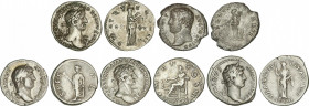 Lote 5 monedas Denario. Acuñadas el 117-138 d.C. ADRIANO. AR. A EXAMINAR. C-1353, 1413, 1426, 1437, 1477. MBC a MBC+.