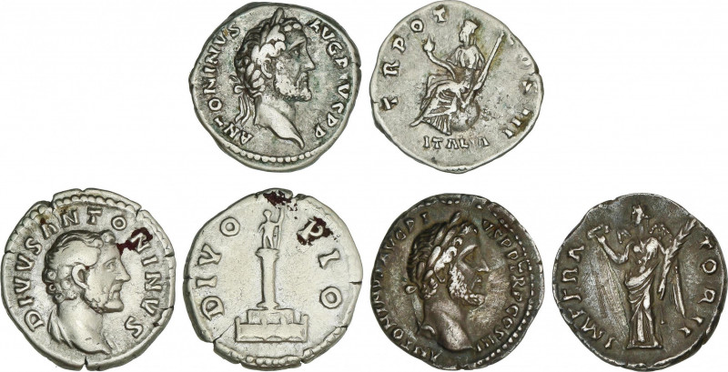 Lote 3 monedas Denario. Acuñadas el 138-161 d.C. ANTONINO PÍO. AR. A EXAMINAR. C...