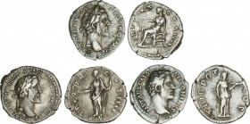 Lote 3 monedas Denario. Acuñadas el 138-158 d.C. ANTONINO PÍO. AR. C-582, 1023, 1058. MBC a MBC+.