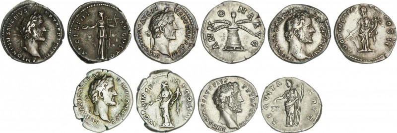 Lote 5 monedas Denario. Acuñadas el 138-161 d.C. ANTONINO PÍO. AR. A EXAMINAR. C...