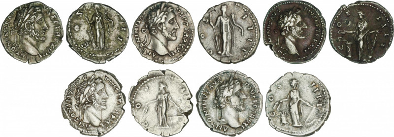 Lote 5 monedas Denario. Acuñadas el 138-161 d.C. ANTONINO PÍO. AR. A EXAMINAR. C...
