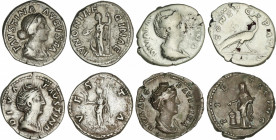 Lote 4 monedas Denario. Acuñadas el 141 d.C. FAUSTINA MADRE. AR. A EXAMINAR. C-175, 215, 234, 291. MBC- a MBC+.