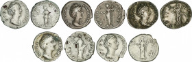 Lote 5 monedas Denario. Acuñadas el 141 d.C. FAUSTINA MADRE. AR. A EXAMINAR. C-11, 26, 33, 34, 40. MBC a MBC+.