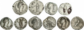 Lote 5 monedas Denario. Acuñadas el 141 d.C. FAUSTINA MADRE. AR. A EXAMINAR. C-78, 96, 119, 120, 166. MBC a MBC+.