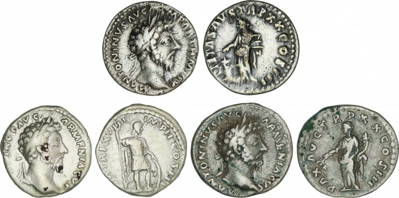 Lote 3 monedas Denario. Acuñadas el 161-180 d.C. MARCO AURELIO. AR. PAX AVG. TR....
