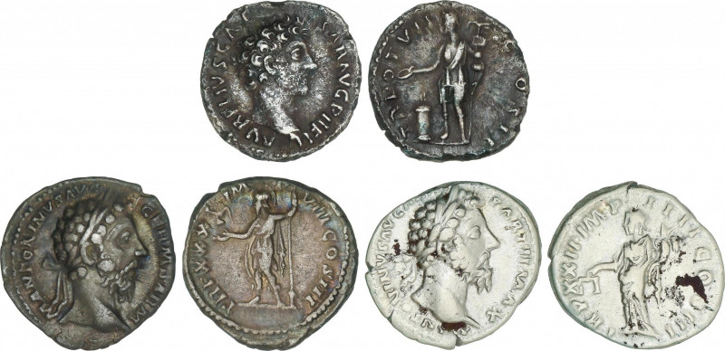 Lote 3 monedas Denario. Acuñadas el 161-180 d.C. MARCO AURELIO. AR. TR. P. XXII....