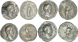 Lote 4 monedas Denario. Acuñadas el 161-180 d.C. MARCO AURELIO. AR. CONSECRATIO, FELICITAS. AVG. COS. III, TR. P. XVIII. COS. III y VICT. AVG. COS. II...