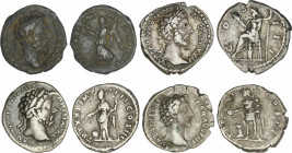 Lote 4 monedas Denario. Acuñadas el 161-180 d.C. MARCO AURELIO. AR. COS III, TR. POT. VI. COS. II, TR. P. XXI. IMP. IIII. COS. III y TR. P. XXXI. IMP....