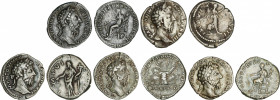 Lote 5 monedas Denario. Acuñadas el 161-180 d.C. MARCO AURELIO. AR. A EXAMINAR. C-156, 203, 208, 263, 257. MBC a MBC+.