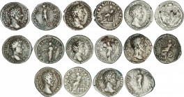 Lote 8 monedas Denario. Acuñadas el 161-180 d.C. MARCO AURELIO. AR. A EXAMINAR. C-280, 306, 341, 435, 493a, 508, 967b, 968. MBC- a MBC+.