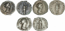 Lote 3 monedas Denario. Acuñadas el 156-175 d.C. FAUSTINA HIJA. AR. PVDICITIA y CONCORDIA (2). A EXAMINAR. C-42, 44, 183; RIC-A500b, A508b. MBC.
