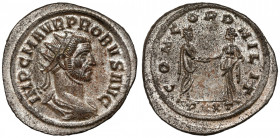 Probus (276-282 AD) Antoninian, Ticinum Obverse: IMP C M AVR PROBVS AVG Radiate, draped and cuirassed bust right.
 Reverse: CONCORD MILIT / PXXT Toga...