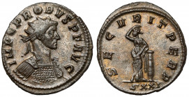 Probus (276-282 AD) Antoninian, Ticinum - ex. Philippe Gysen Obverse: IMP C PROBVS P F AVG Radiate, cuirassed bust right, divergent wreath ties of the...
