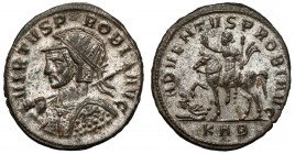 Probus (276-282 AD) Antoninian, Serdica Beautiful military bust of the finest style with Gorgoneion on cuirass and decorated shield (emperor on horse;...