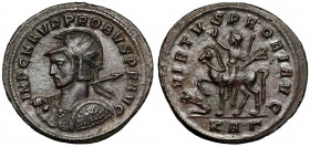 Probus (276-282 AD) Antoninian, Serdica Beautiful military bust with Gorgoneion on cuirass and decorated shield (emperor on horse; soldiers in the bac...