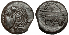 Greece, Thrace / Chersonesus, Panticapaeum (275-245 BC) AE 20 Obverse: Wreathed head of beardless Pan to left.&nbsp; Reverse: Π-Α-Ν Bow and arrow.&nbs...