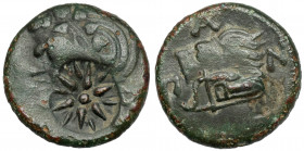 Greece, Thrace / Chersonesus, Panticapaeum (310-303 BC) AE20 - Countermarked Twelve-rayed sunburst pseudo-countermark. Obverse: Wreathed head of beard...