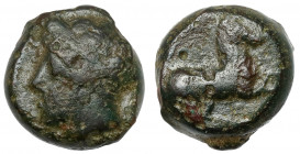 Greece, Zeugitana, Carthage (370-340 BC) AE13 Obverse:&nbsp;Head of Tanit left, wearing a wreath with corn-ears, drop earring and necklace. Reverse: H...