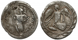 Greece, Sicily, Kamarina (461-435 p.n.e.) AR Litra Obverse: Nike flying left, swan below, all within wreath. Reverse: KAMAPINAION Athena standing left...